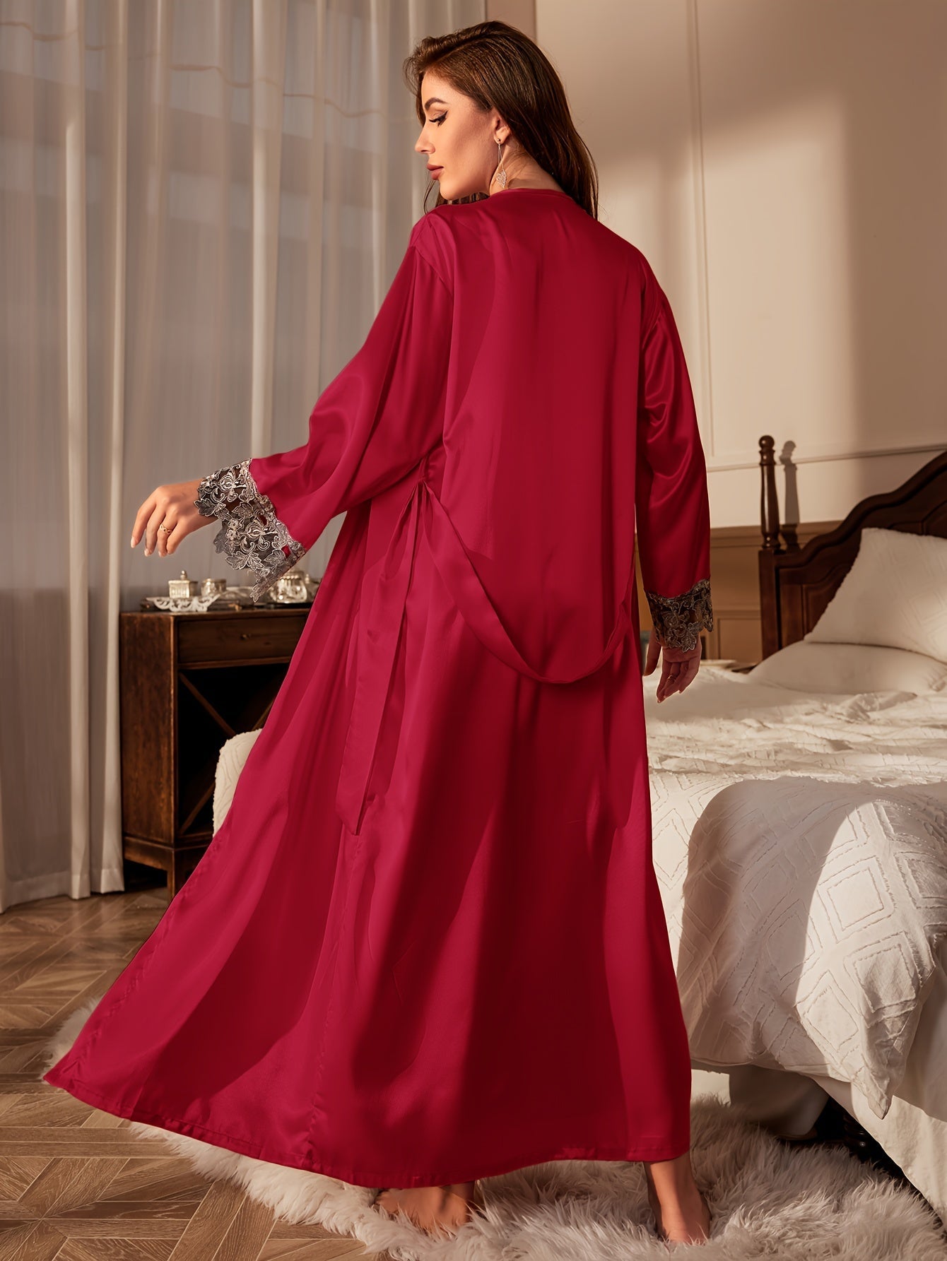 2pcs Women'S Sexy V-Neck Lace Trim Tie Bathrobe and Camisole Set