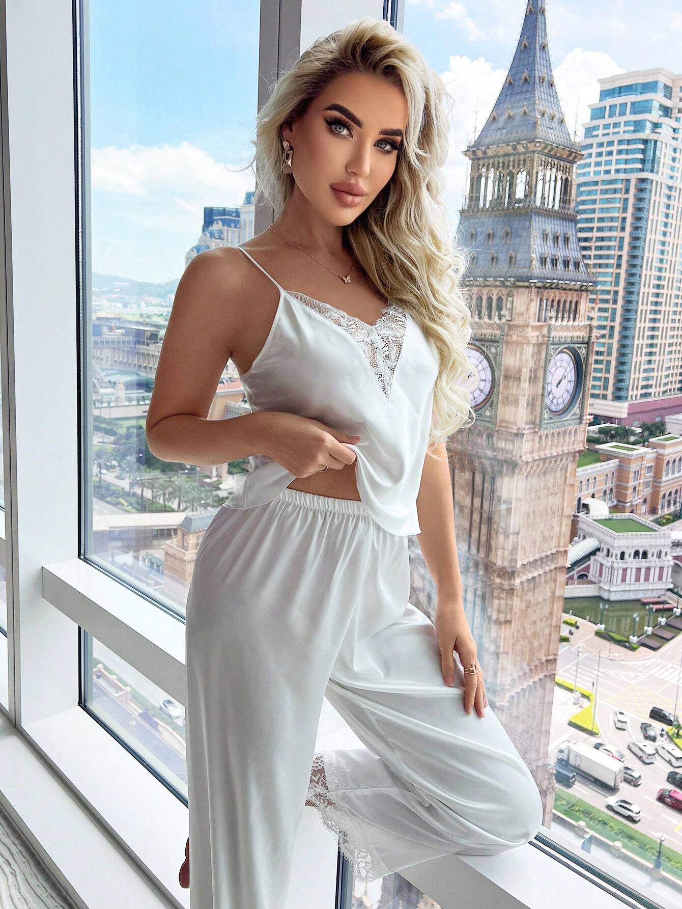 Isabella Lace Trim Satin Cami Top & Pants Pajama Set