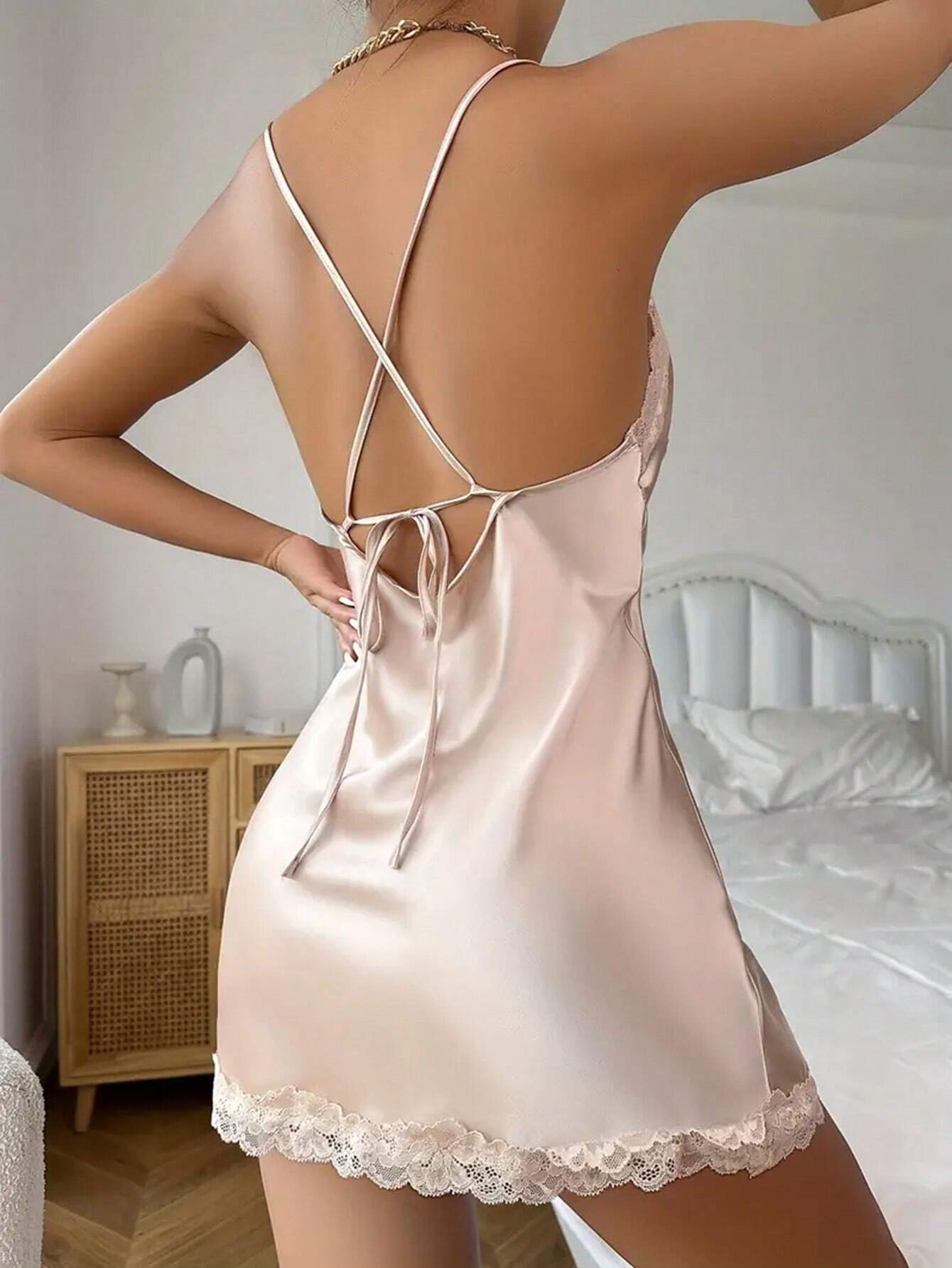 Olivia Elegant Lace Trim Silk Nightgown