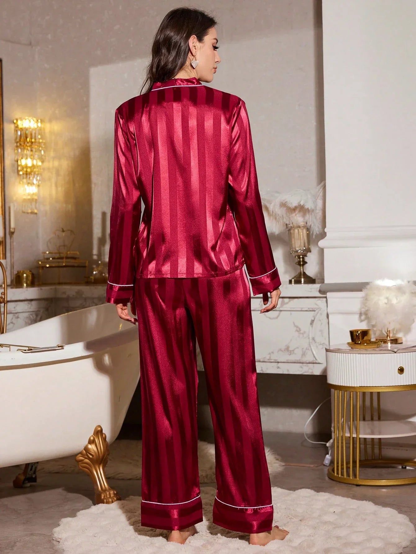 Sophia Red Faux Silk V-Neck Cardigan & Pants Pajama Set