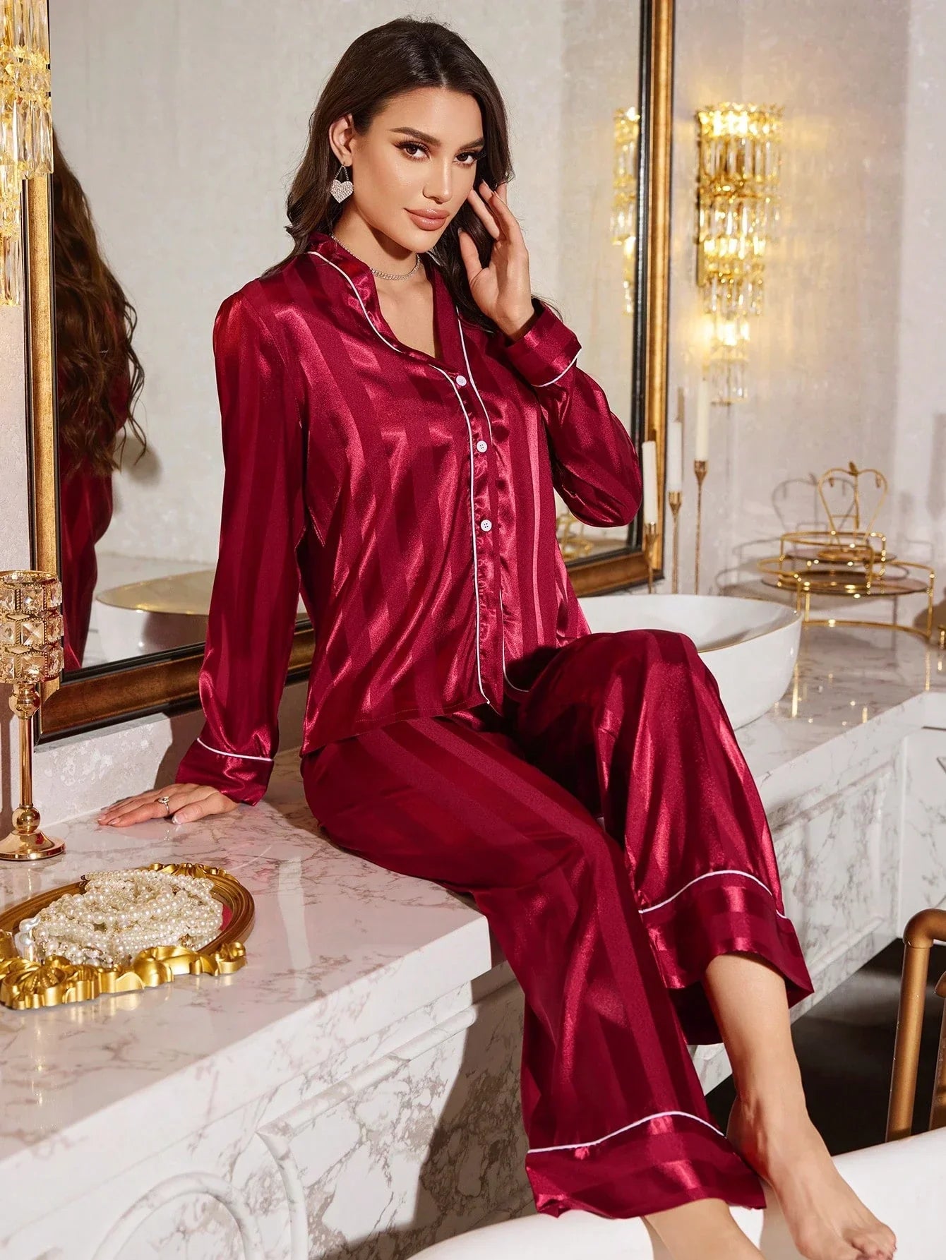 Sophia Red Faux Silk V-Neck Cardigan & Pants Pajama Set