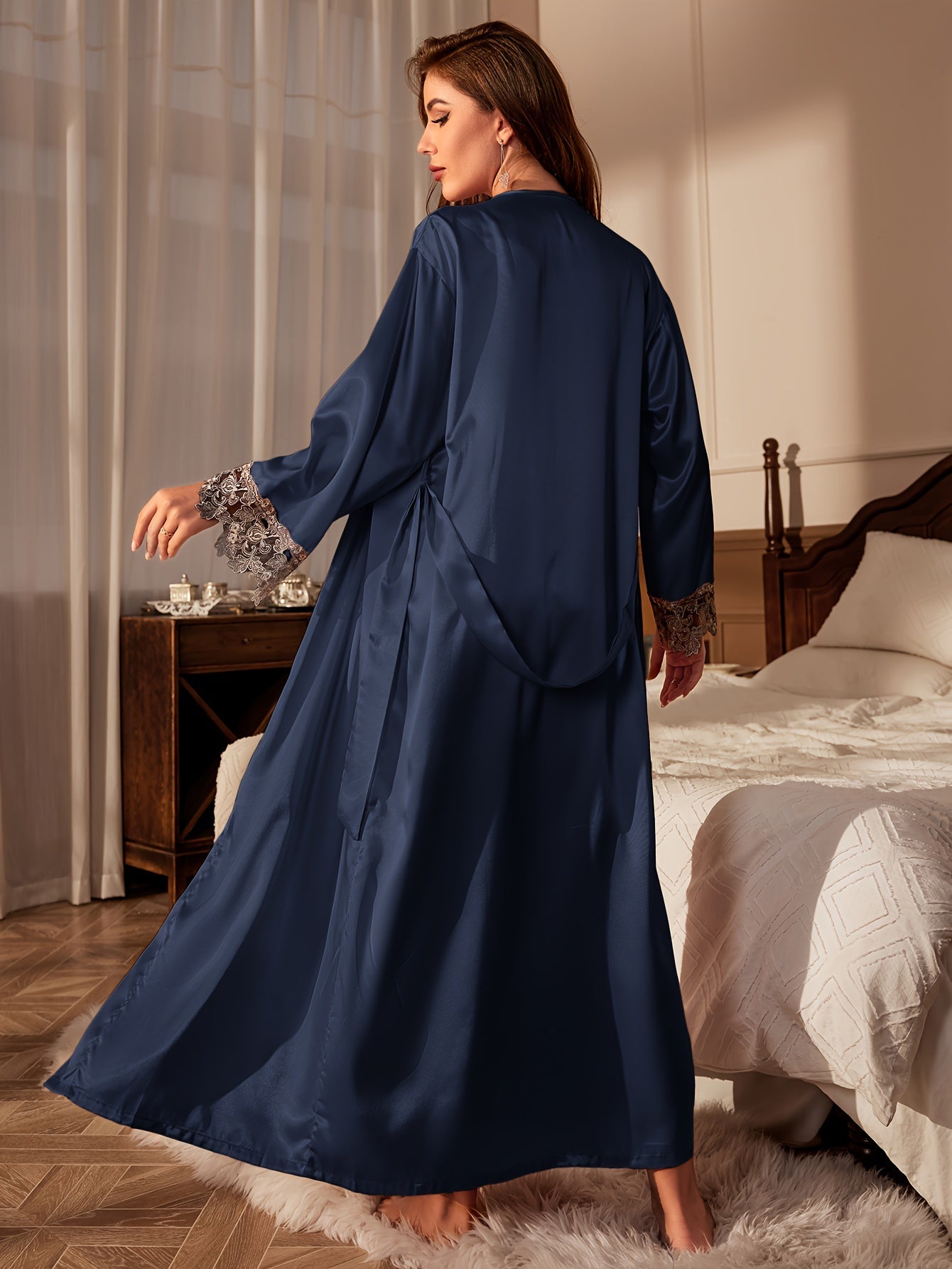2pcs Women'S Sexy V-Neck Lace Trim Tie Bathrobe and Camisole Set