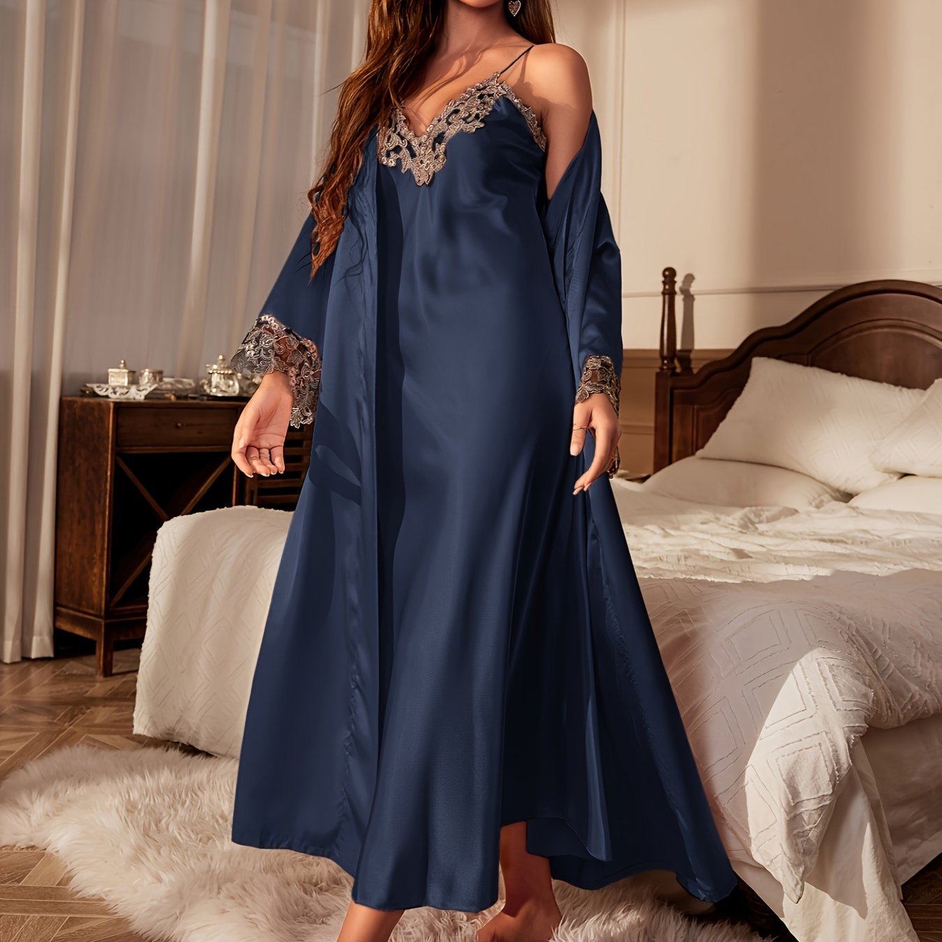 2pcs Women'S Sexy V-Neck Lace Trim Tie Bathrobe and Camisole Set