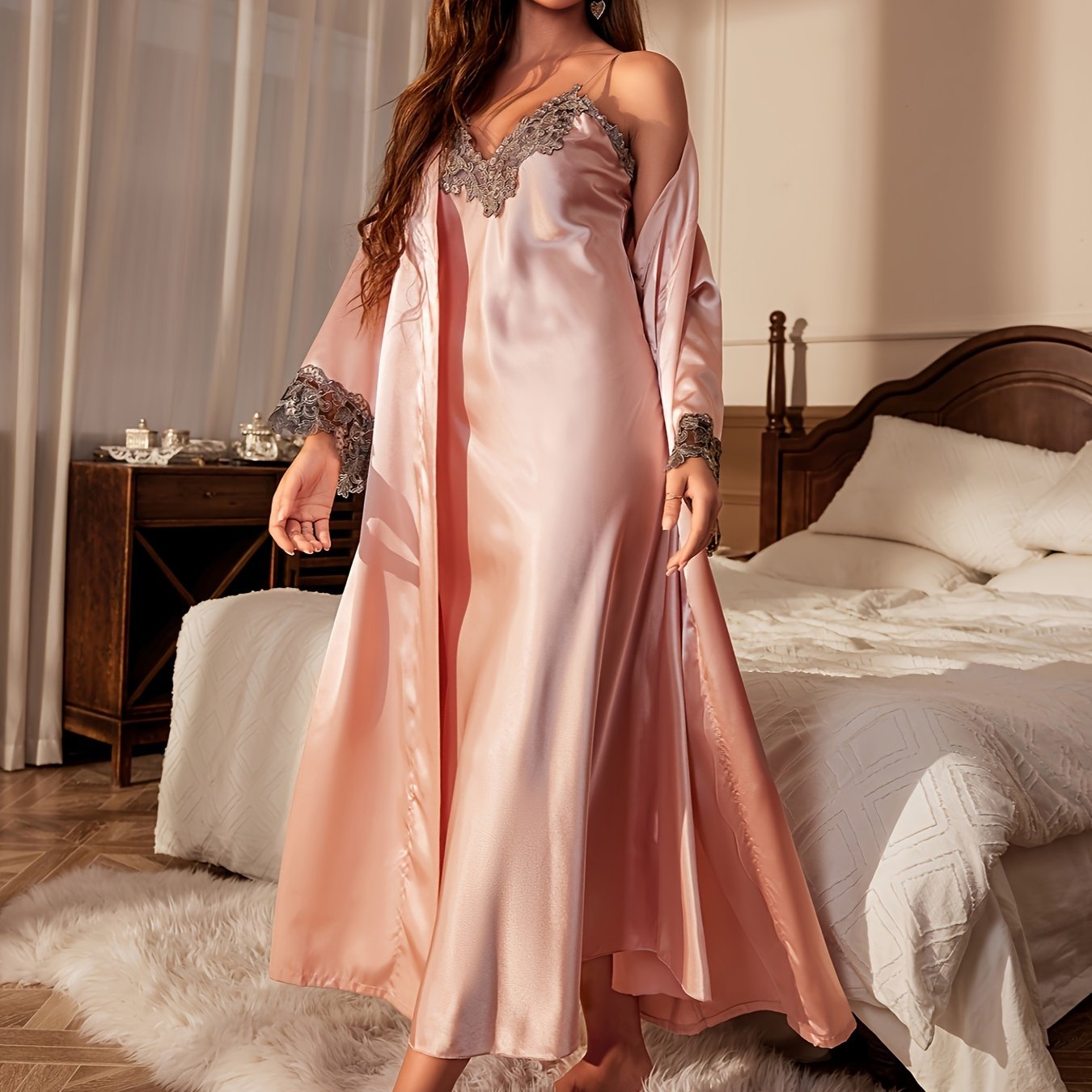 2pcs Women'S Sexy V-Neck Lace Trim Tie Bathrobe and Camisole Set