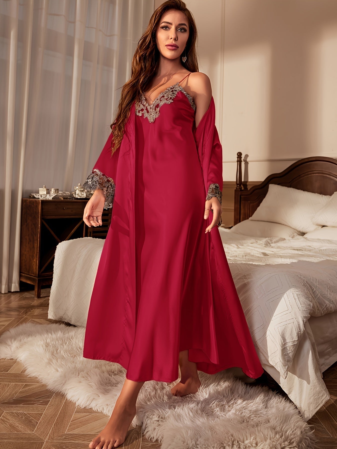 2pcs Women'S Sexy V-Neck Lace Trim Tie Bathrobe and Camisole Set