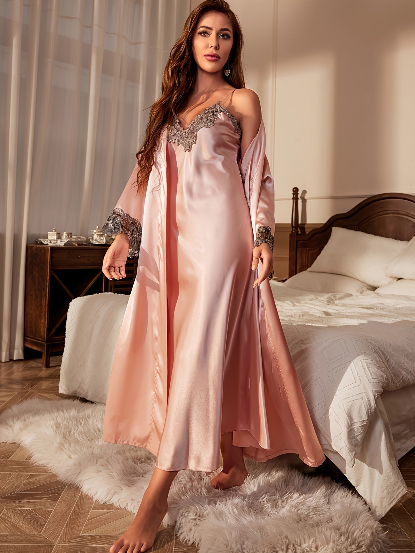 2pcs Women'S Sexy V-Neck Lace Trim Tie Bathrobe and Camisole Set