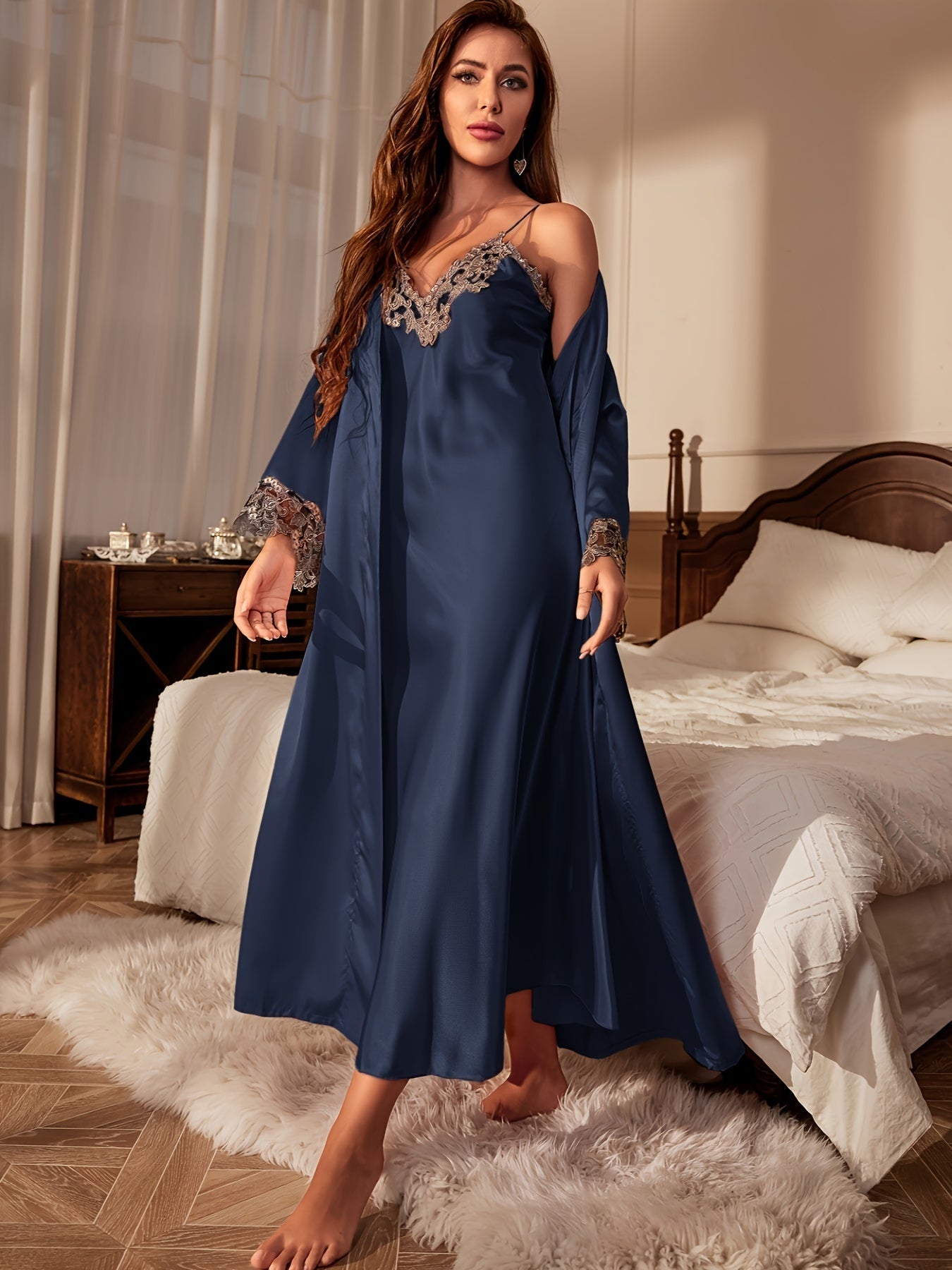 2pcs Women'S Sexy V-Neck Lace Trim Tie Bathrobe and Camisole Set