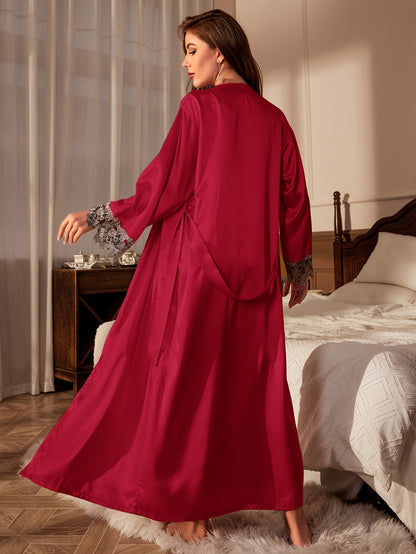 2pcs Women'S Sexy V-Neck Lace Trim Tie Bathrobe and Camisole Set