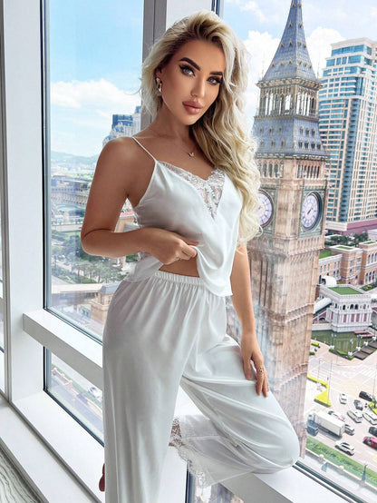 Isabella Lace Trim Satin Cami Top & Pants Pajama Set