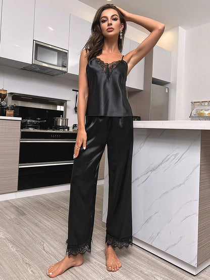 Isabella Lace Trim Satin Cami Top & Pants Pajama Set