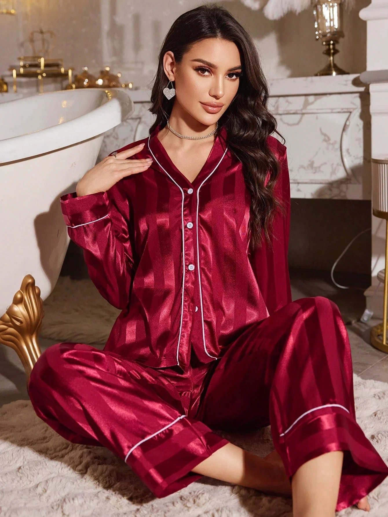 Sophia Red Faux Silk V-Neck Cardigan & Pants Pajama Set