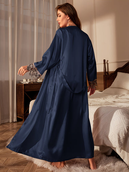 2pcs Women'S Sexy V-Neck Lace Trim Tie Bathrobe and Camisole Set