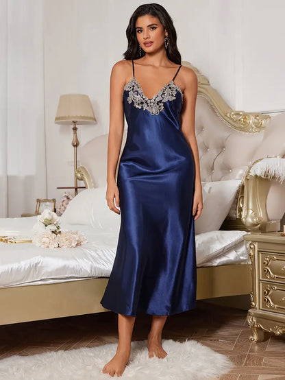 Arabella Elegant Faux Silky Maxi Nightgown with Lace Detailing